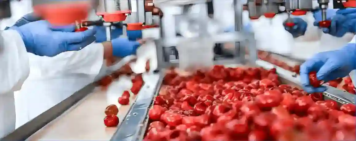 Workers in white protective clothing and blue gloves handling fresh tomatoes in a food processing facility.