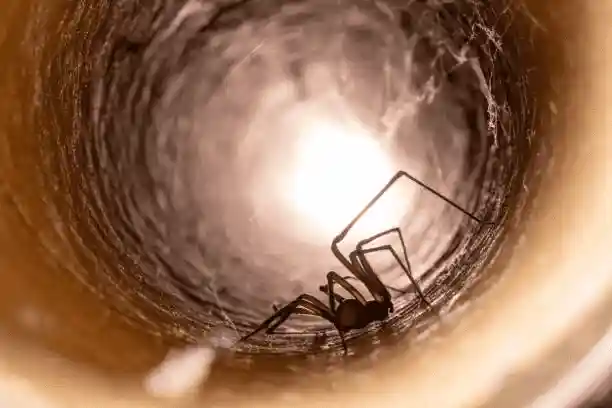 Spider in a tunnel with webs.